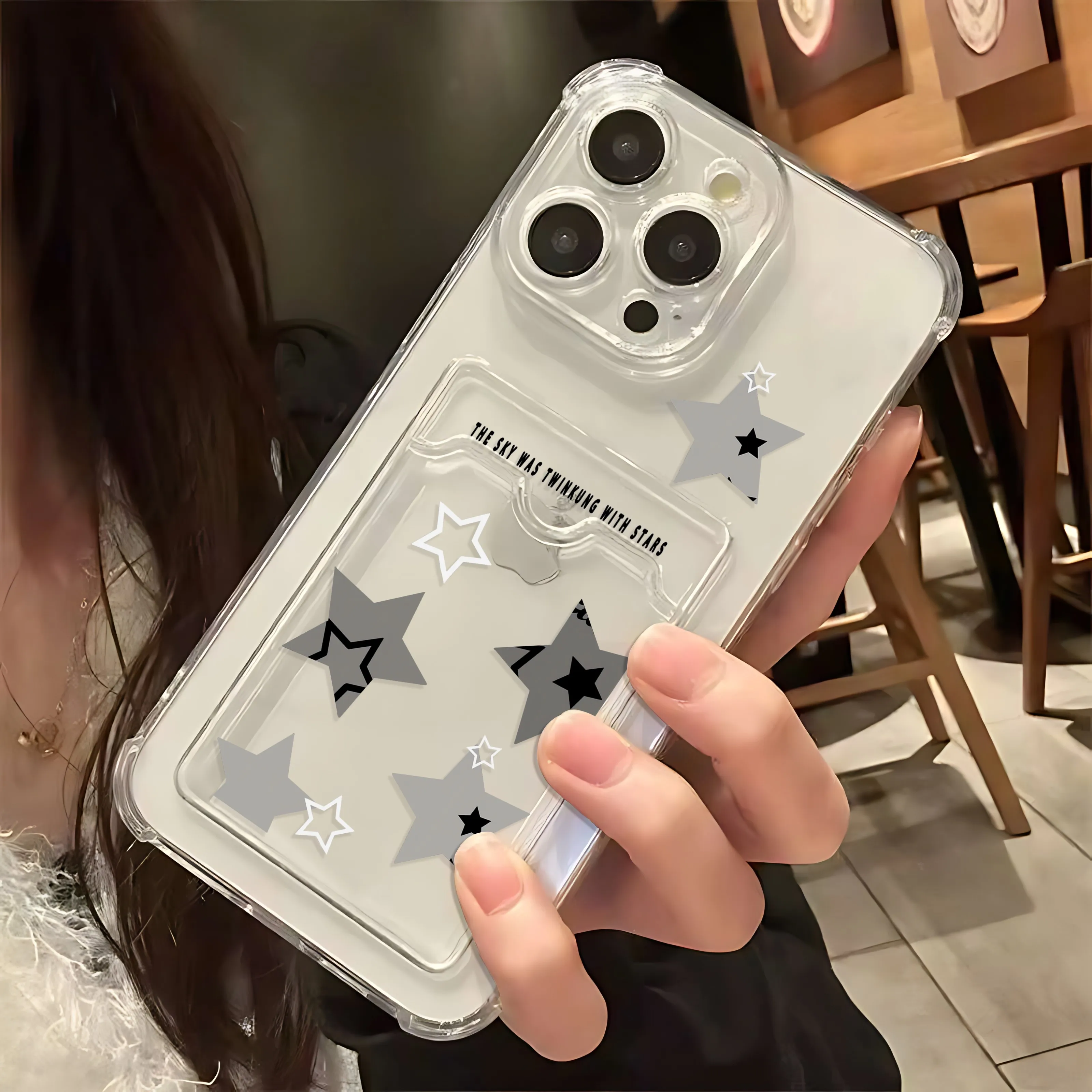 Korean INS Transparent Star Card Hold Phone Case For Samsung S24 S23 S22 S21 S20 FE Plus Ultra M33 M53 M54 5G Luxury Clear Cover