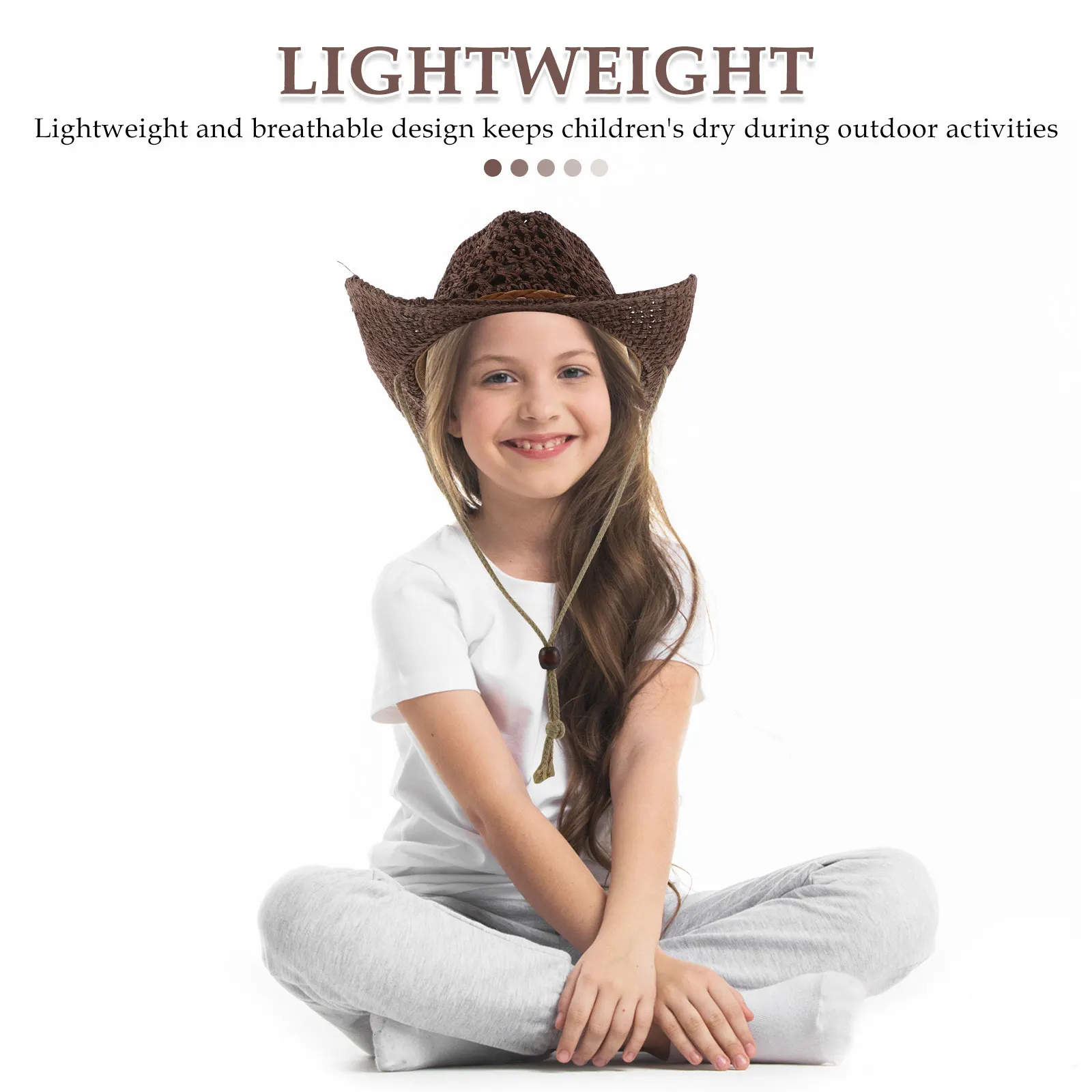 Straw Cowboy Hat Kids Breathable Wide Brim Sun Protection Chin Strap Summer Beach Hiking Outdoor Travel Western Cowgirl Cap