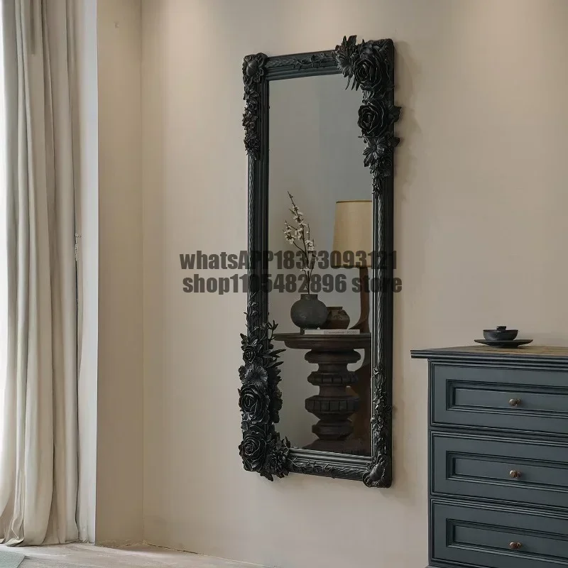 Black carved wall-mounted full-length mirror villa high-value retro elegant mirror