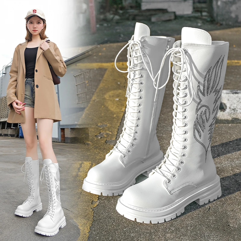 

Женские сапоги, туфли до колена, длинные ботинки на платформе с вышивкой, дизайнерские роскошные уличные повседневные нескользящие мотоциклисты на среднем каблуке, новинка