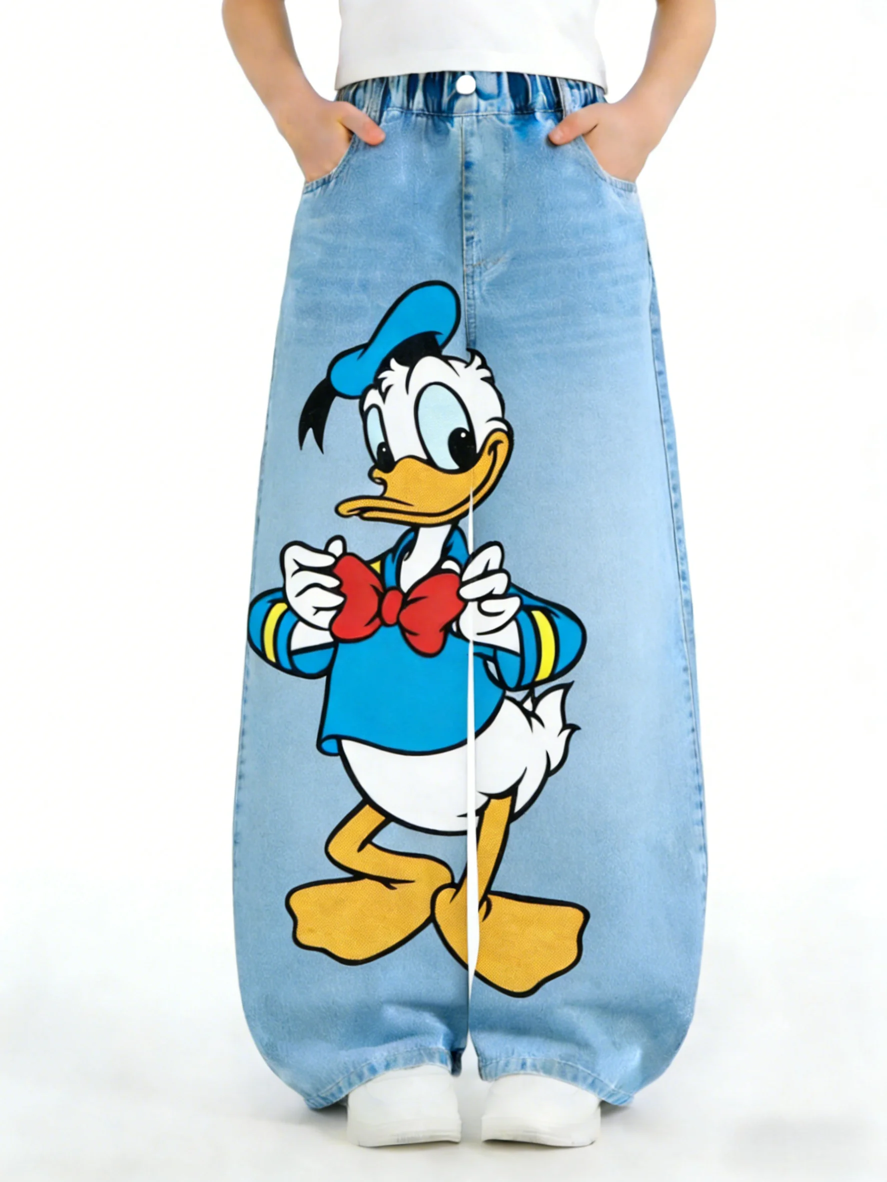 

Новые осенние джинсовые брюки для девочек Donald Duck x Disney, модные повседневные свободные прямые детские брюки с мультяшным принтом