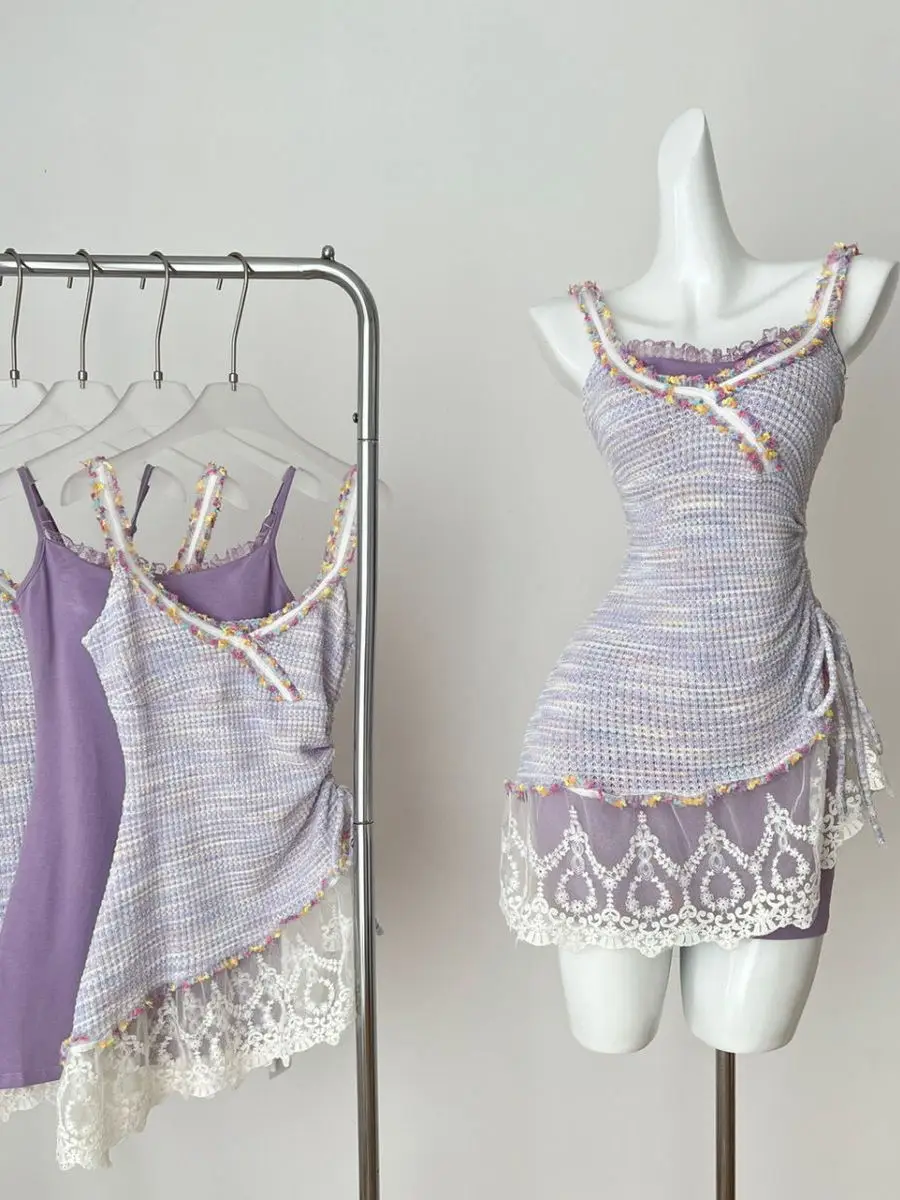 Letni, wyszczuplający komplet z koronki: dzianinowa narzutka, fioletowy, z paskiem, dwuczęściowy, seksowny, słodki, stringi, na co dzień, do pracy.