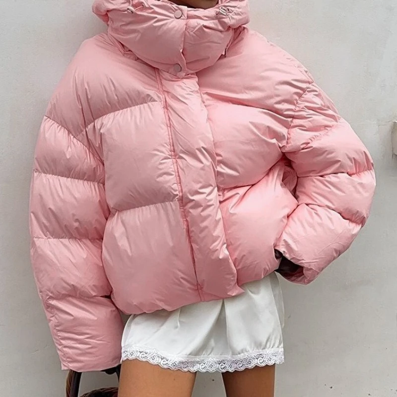 

Повседневная розовая хлопковая куртка с капюшоном, женская модная однотонная свободная теплая верхняя одежда на молнии, женская зима 2024, новые повседневные уличные куртки для поездок на работу