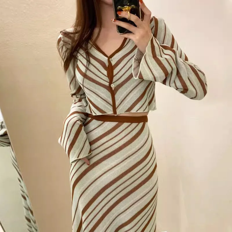 

Slim Short Knit Top with TwoButtons High Waist Striped Skirt Women's Korean Chic Gentle V Neck Bodycon Set
