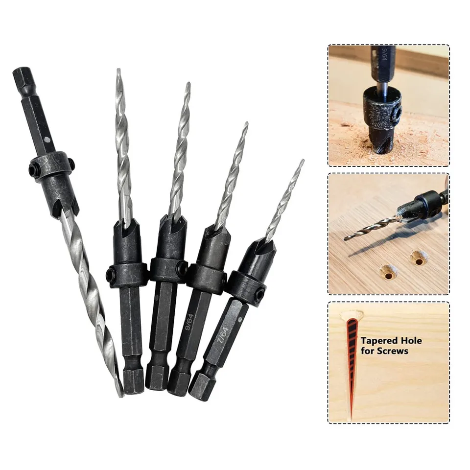 5-Piece Tapered Countersink Drill Bit Set – Hex Shank, Sizes #4-#12, Adjustable Pilot Depth, HSS & Carbon Steel, For Woodworking & Plastics