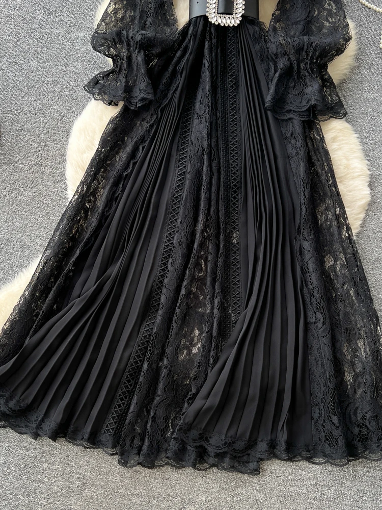 Ele V-ne Ruched الخصر هوك الدانتيل الدكتور المرأة تنورة طويلة الخريف 2025 جديد Sle الكورية Sle عالية الخصر ألف خط الدكتور #4