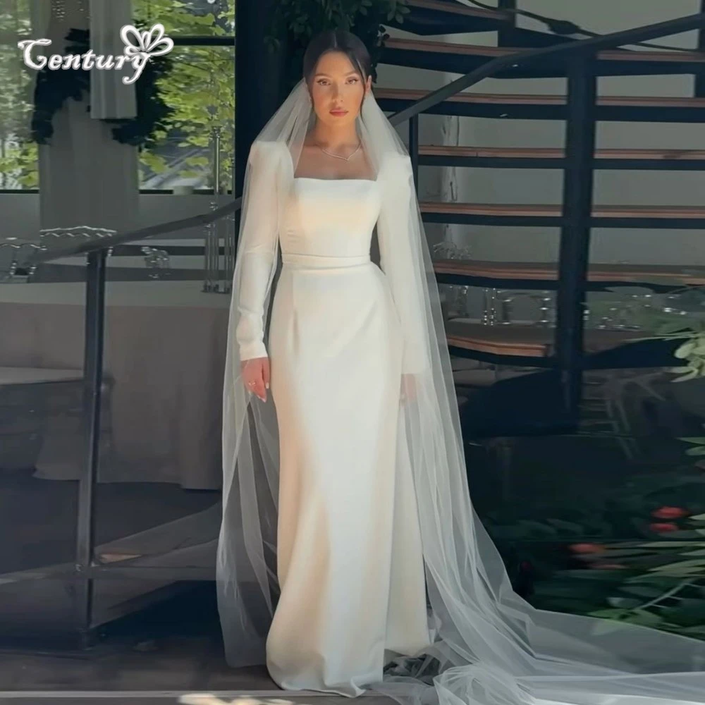 

Mermaid Civil Wedding Dress Women Long Sleeve Square Neck Backless Simple Bridal Gowns Women Vestido de Novia Boda Customized