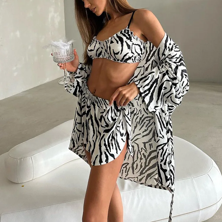 Zebra Print Comfortable Casual Fashion Women's Three-piece Set Long-sleeved Tie-waist Cardigan Camisole Loose Shorts Suits