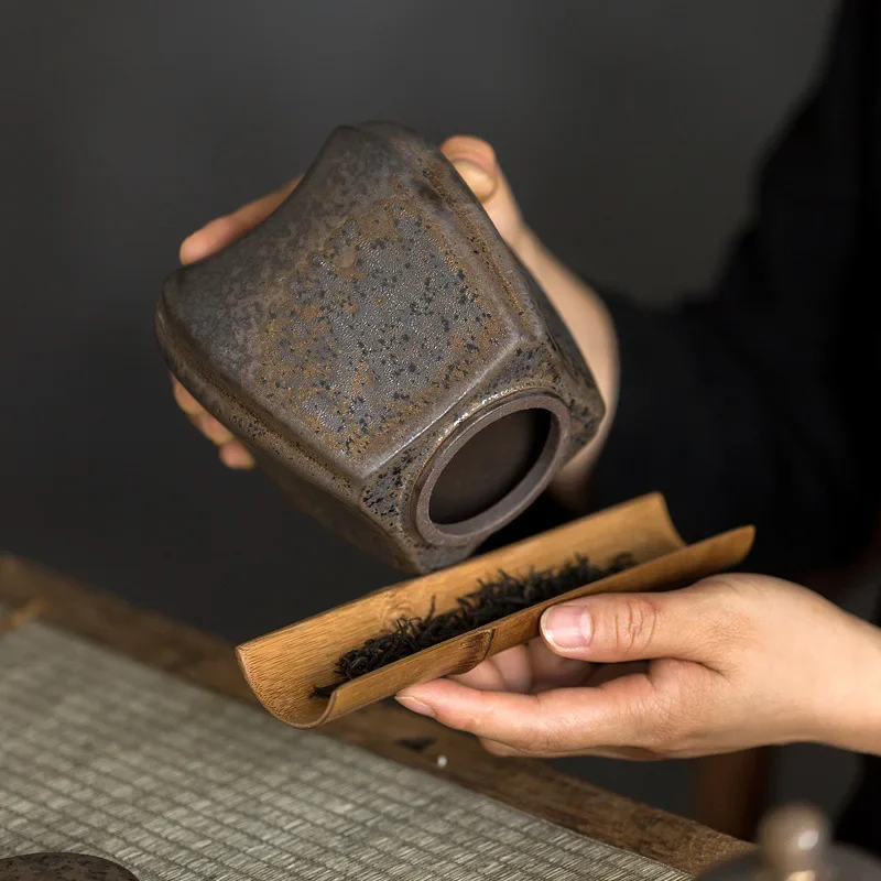 Japanese Style Coarse Pottery Retro Tea Jar Household Ceramic Sealed Can Moisture-Proof Storage Jar Tea Storage Tea Box Tea Tin