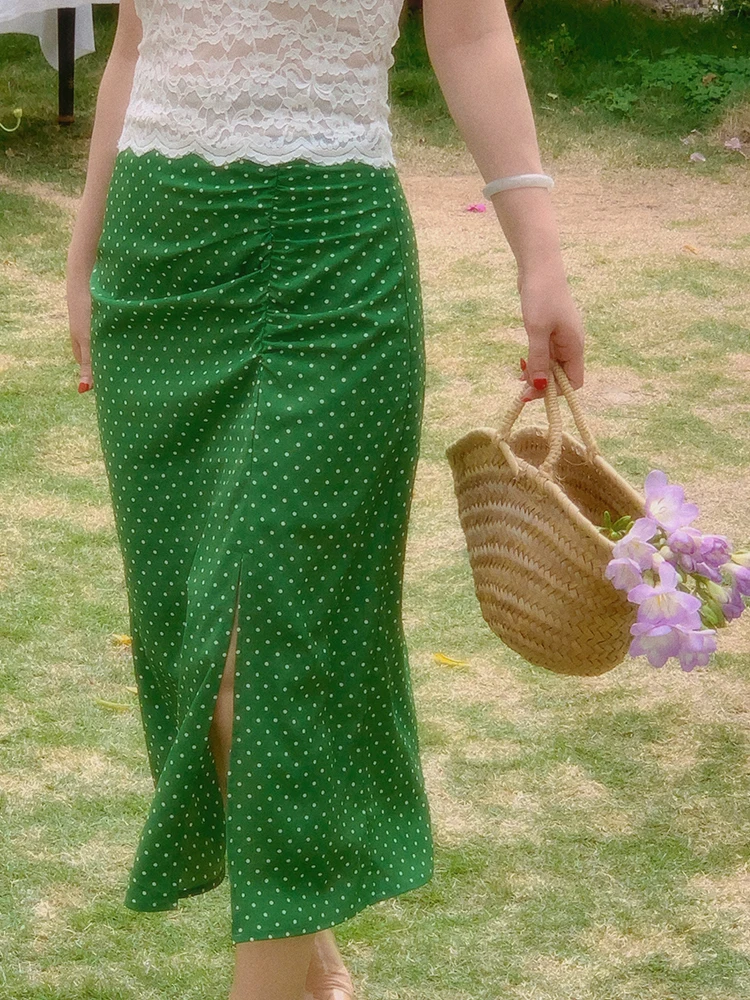 

Green Polka Dot Dress And Skirt Set Women's Summer Fashion Two-Piece Suit French Style Polyester Fabric Youth Suitable
