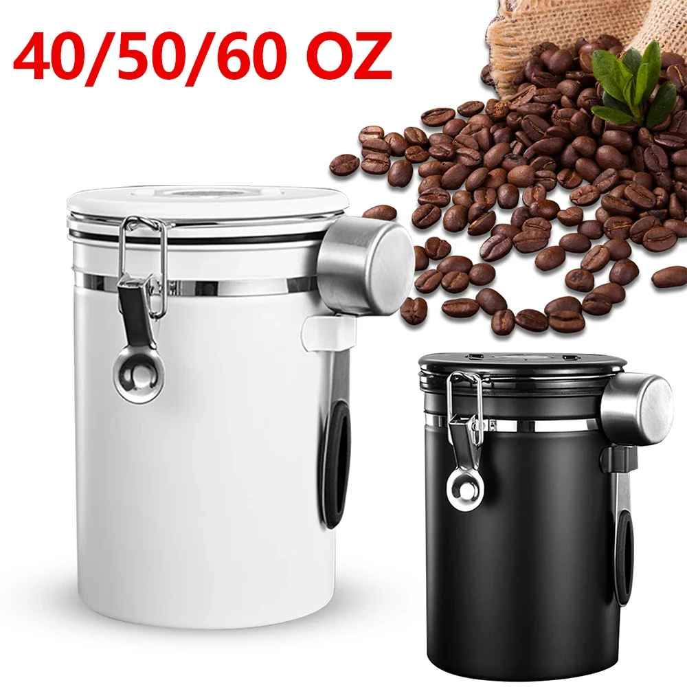 40/50/60 OZ Stainless Steel Airtight Coffee Container with Spoon Coffee Jar Canister Set CO2 Releasing Valves For Coffee Beans