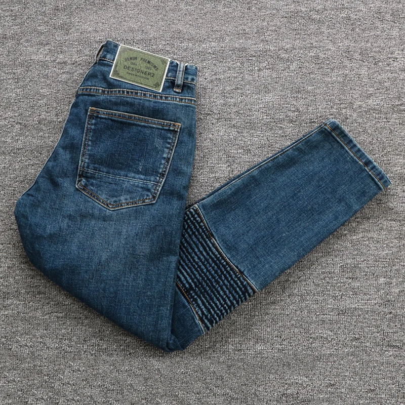 Street Style Fashion Men Jeans Retro Blue Elastic Spliced Designer Slim Fit Ripped Jeans Men Hip Hop Denim Biker Pants Hombre