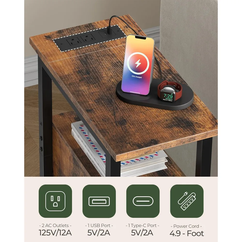 طاولة نهاية المزرعة، طاولة جانبية ضيقة للمساحات الصغيرة، منضدة رفيعة مع محطة شحن، مع منفذين تيار متردد، 1 USB و1 T #4