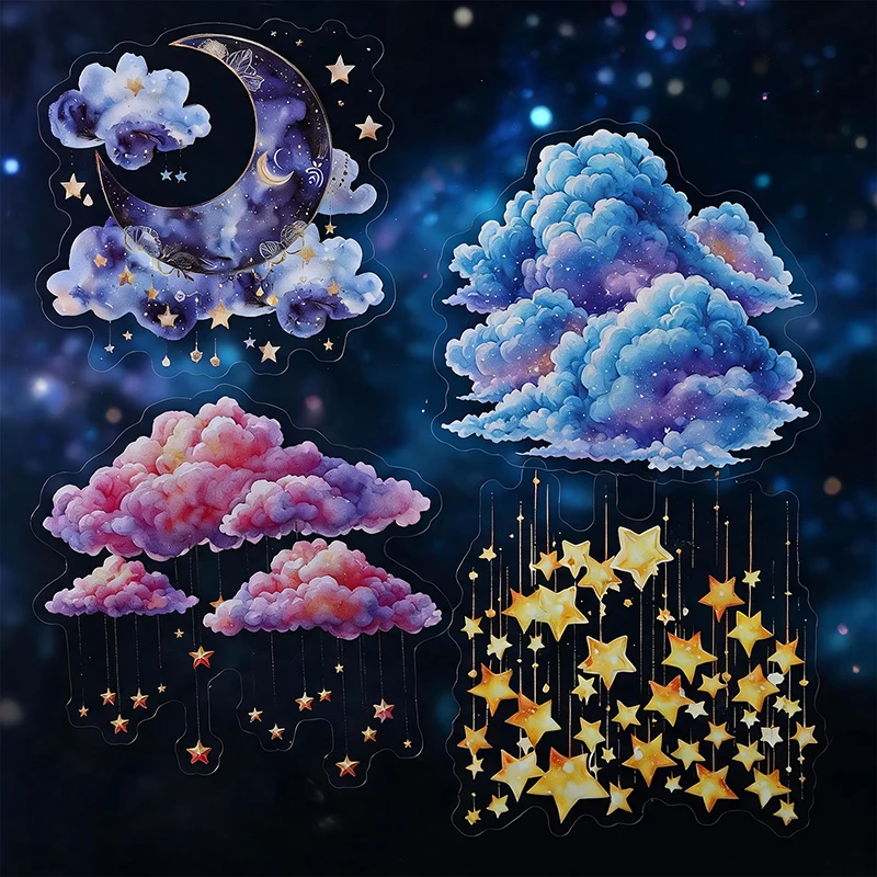 16 pcs Clouds Stars Moon Series Landcape PET Sticker Creative DIY Journal Scrapbooking Phone Case Collage Decorative Stickers