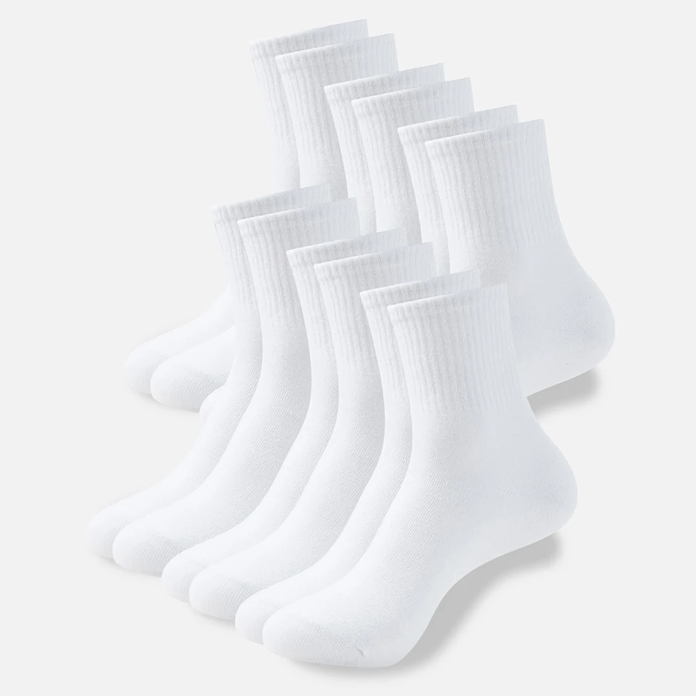 6 Pairs White Trendy Mid Calf Men Socks Size Us 5-9 Couple Comfortable Everyday Wear Breathable Cotton  Socks