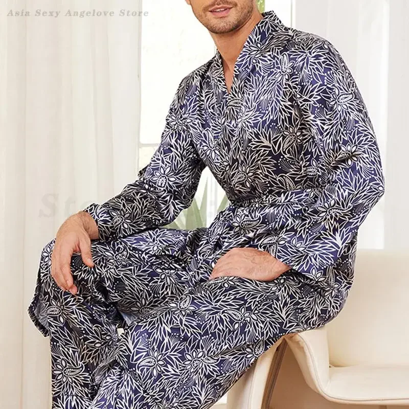 

Men Nightwear 2PCS Pajamas Set Male Satin Sleepwear Robe&Pants Print Long Kimono Bathrobe Gown Faux Silk Loungewear Home Clothes
