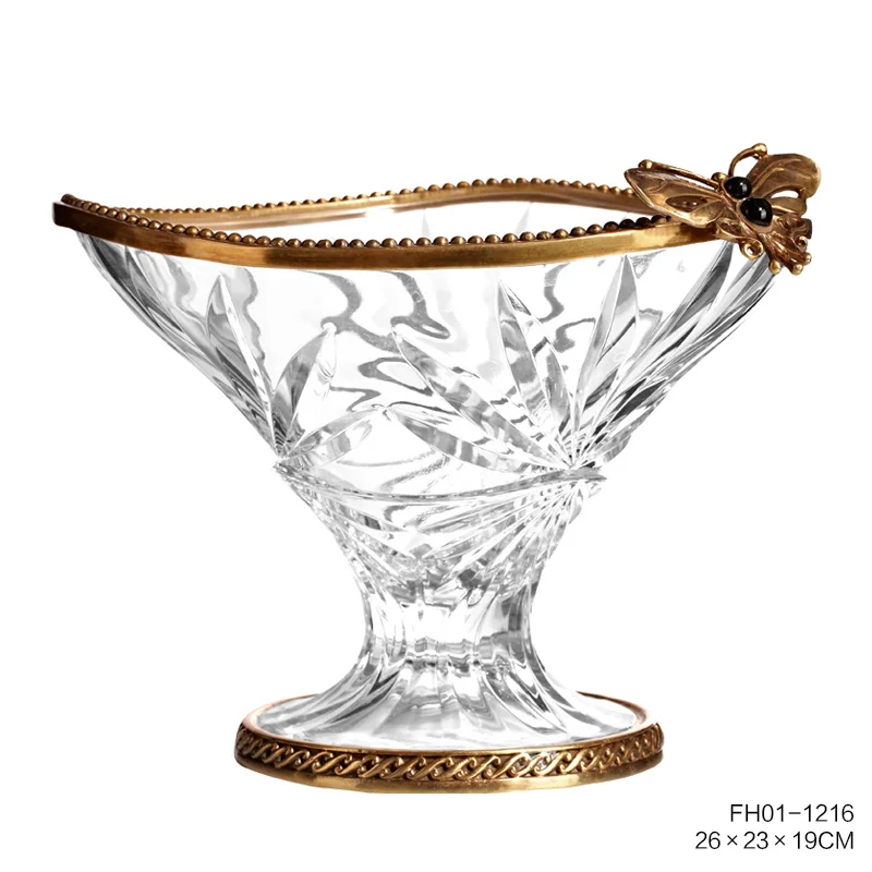 Luxury Royal Unique Crystal/Glass Decorative Fruit Bowl/Candy Plate with Modern Copper Home Decorative Dewaxed Brass