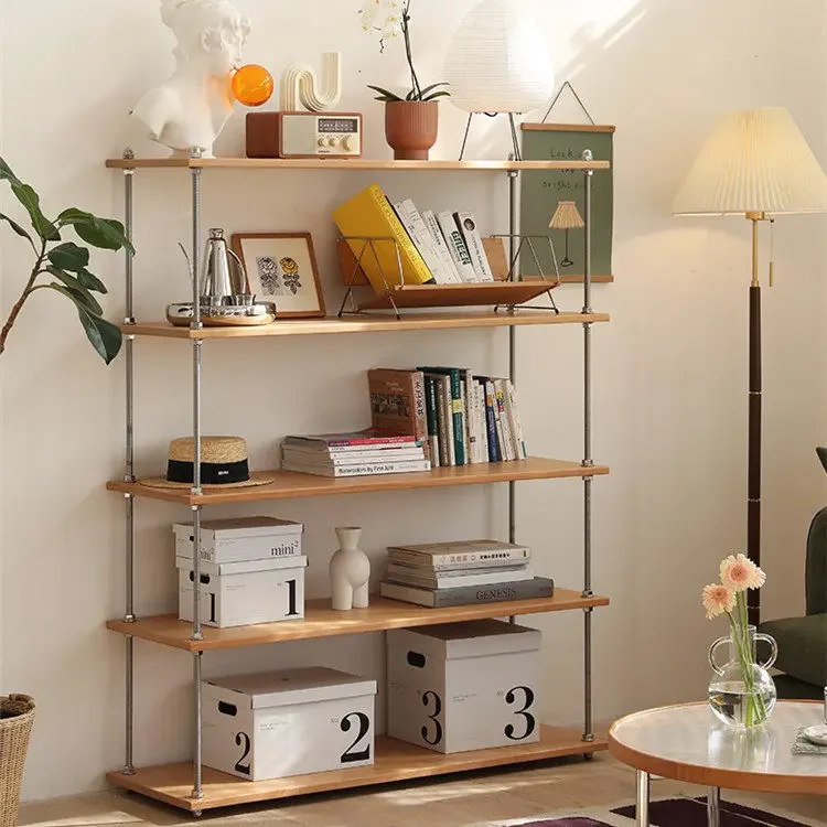 Nordic solid wood multi-layer baffle living room adjustable side storage stainless steel display rack floor type