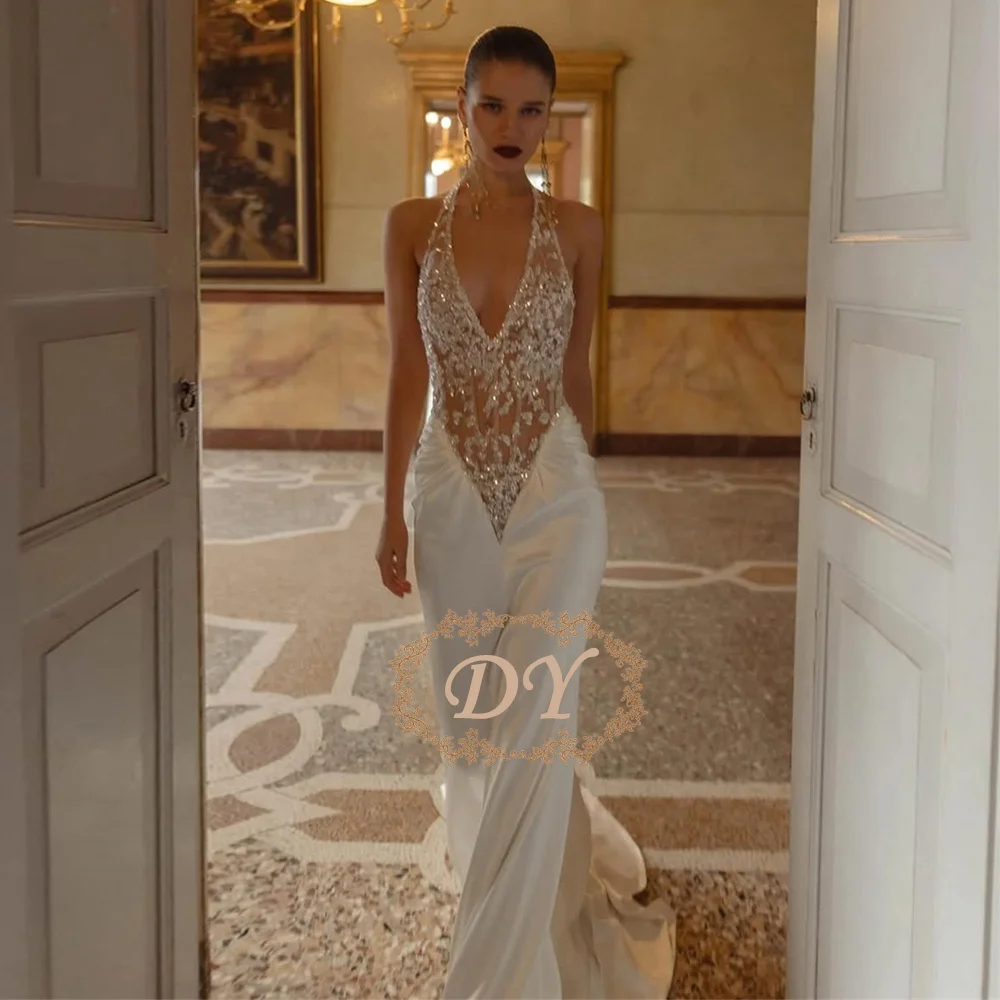 DY Luxuriöses Perlenbesetztes Seiden-Satin Meerjungfrau-Hochzeitskleid Sexy Durchsichtiges Oberteil Neckholder-Brautkleid Maßgefertigte Hochwertige Robe De Mariage