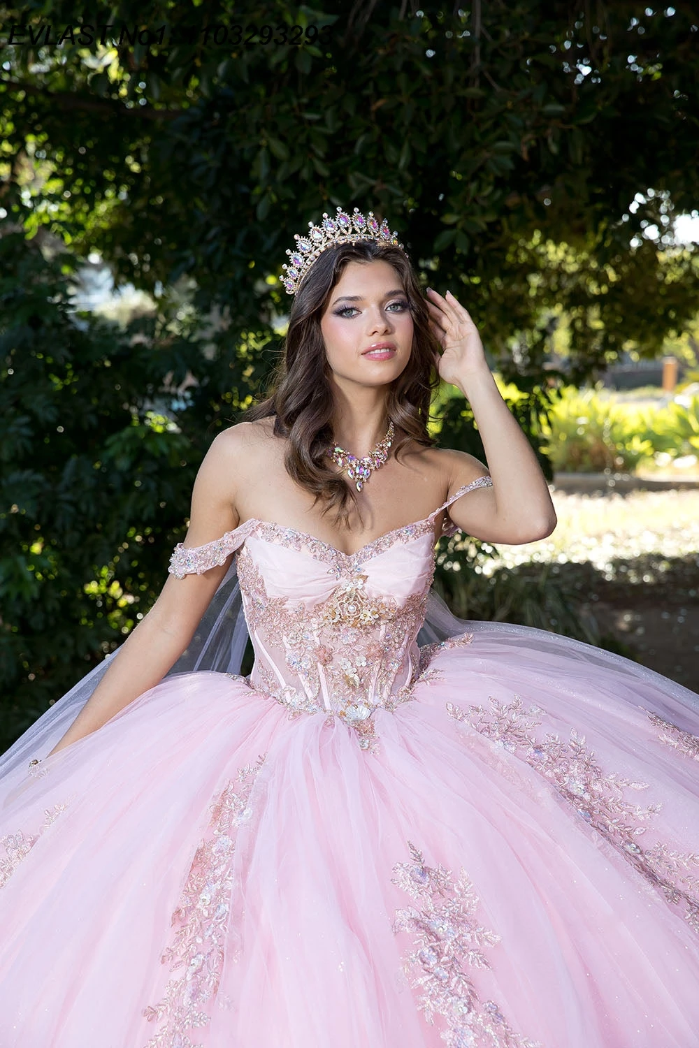 EVLAST Maßgeschneidertes 2022 Rosa Ballkleid Quinceanera Kleid Spitze Applikation Perlen Cape Korsett Sweet 16 Vestidos De 15 Anos E1Q574