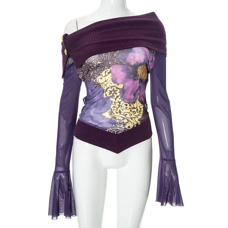 Coalfell Lila Charm Antiker Stil Set Sexy Woolen Splicing Off Shoulder Top Hotgirl FishTail Halbrock Zweiteiliges Set