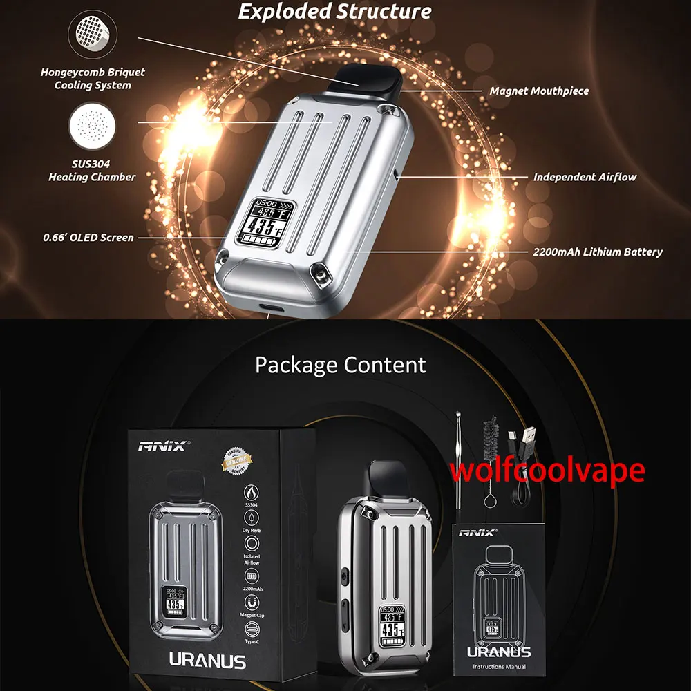 Wolfcoolvape Портативный испаритель для сухих трав ANIX Uranus, травяная электронная сигарета в виде ручки, наборы электронных сигарет с OLED-дисплеем, аккумулятор 2200 мАч