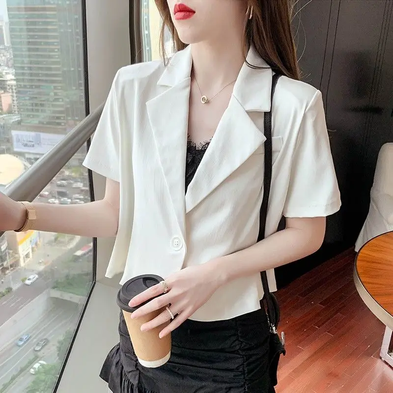 Summer Office Lady Solid Color Blazers Stylish Single Button Women\'s Clothing Short Sleeve Casual Spliced Lapel Loose Suits 2023