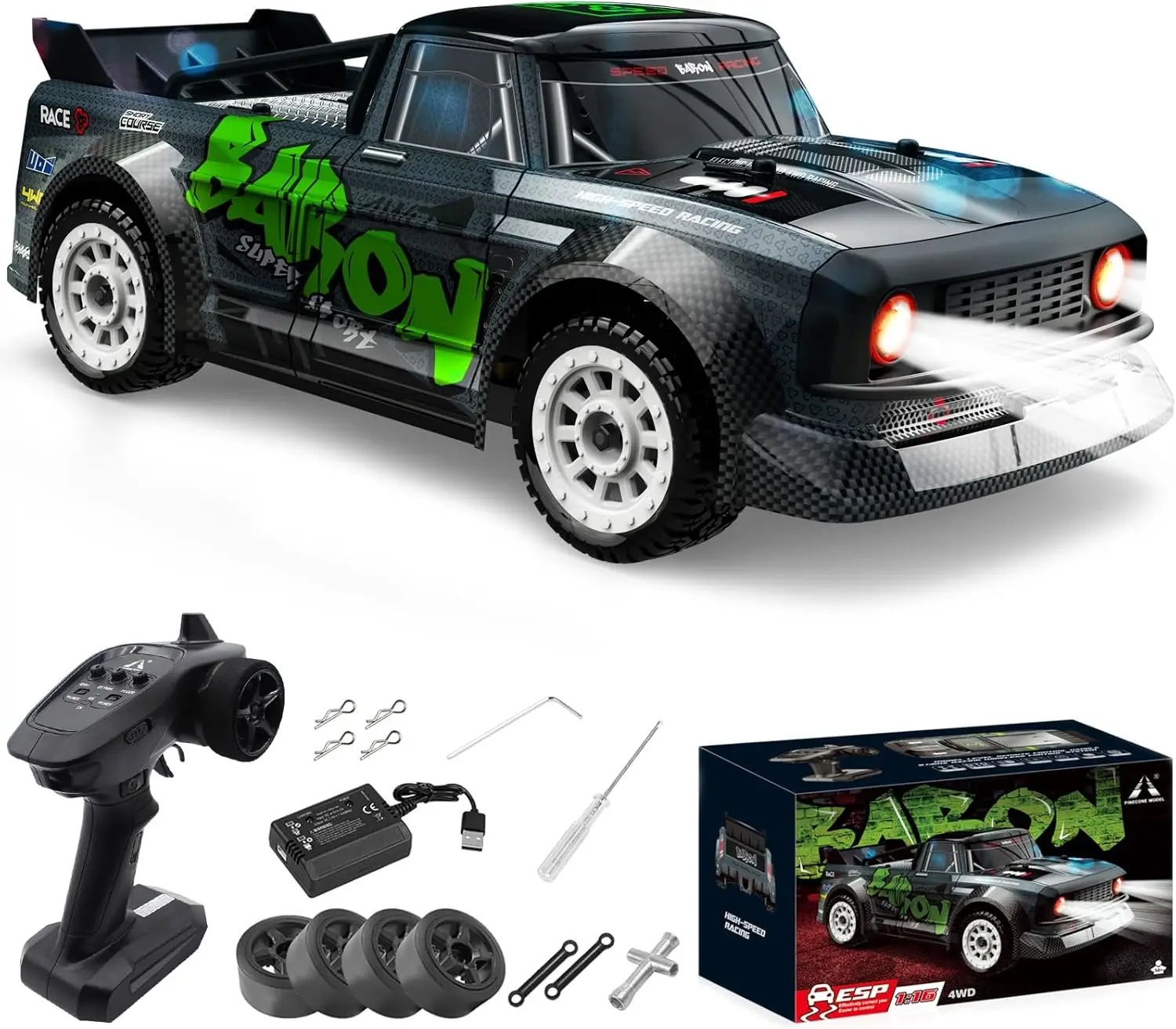 1/16 Scale RC Drift Racing Buggy, 20MPH Fast 4WD Off-Road Truck, 2.4GHz Remote Control Car with Lights, Steering Control, for Kids and Adults