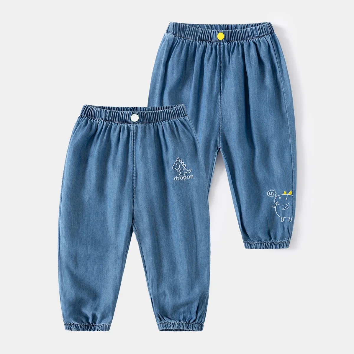 

2026 Spring Toddler Boys Jeans Cartoon Embroidery Kids Baby Boys Demin Pant Solid Color Elastic Waist Children Boys Jogger Pant