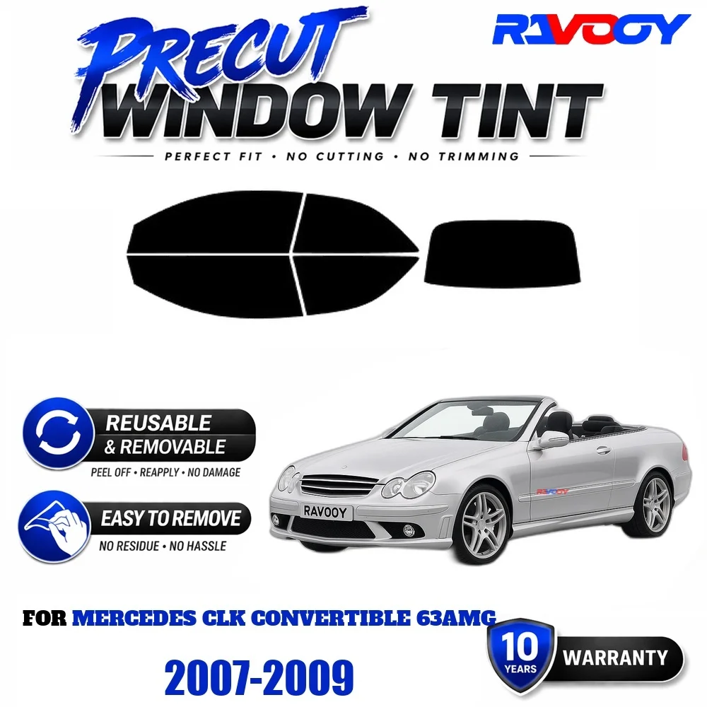 Precut Window Tint, Reusable Removable EPU Film, Custom Fit for Mercedes CLK Convertible 63AMG 2007-2009, UV Heat Protection
