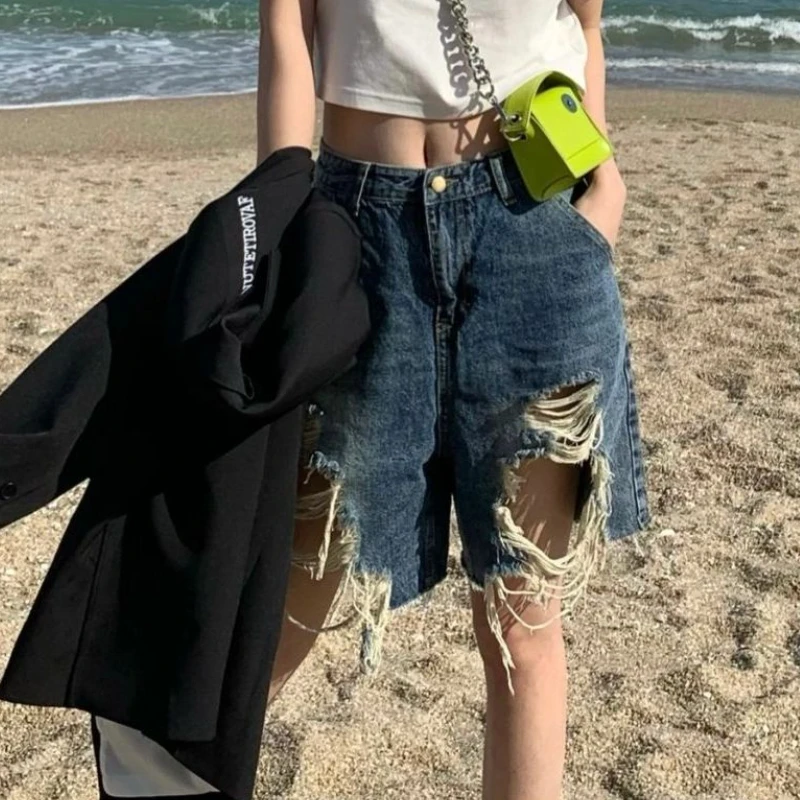 Ripped Denim Shorts Women Loose Chic Fashion Pure High Waist Streetwear Personality All-match Teens Ulzzang Casual Summer Basic