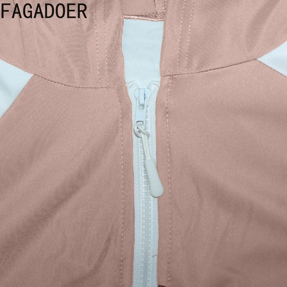 FAGADOER Новый зимний повседневный комплект из 2 предметов с цветными блоками для женщин, укороченный топ с карманами на молнии и брюки в стиле пэчворк, женская уличная одежда