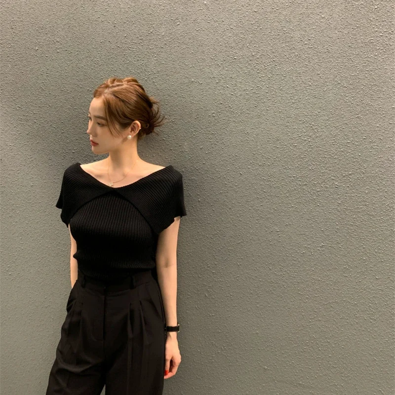 Summer Korean Style Women Solid Color Off Shoulder Lapel Elegant Versatile Slim Knitted T-shirt Office Lady Casual Tops