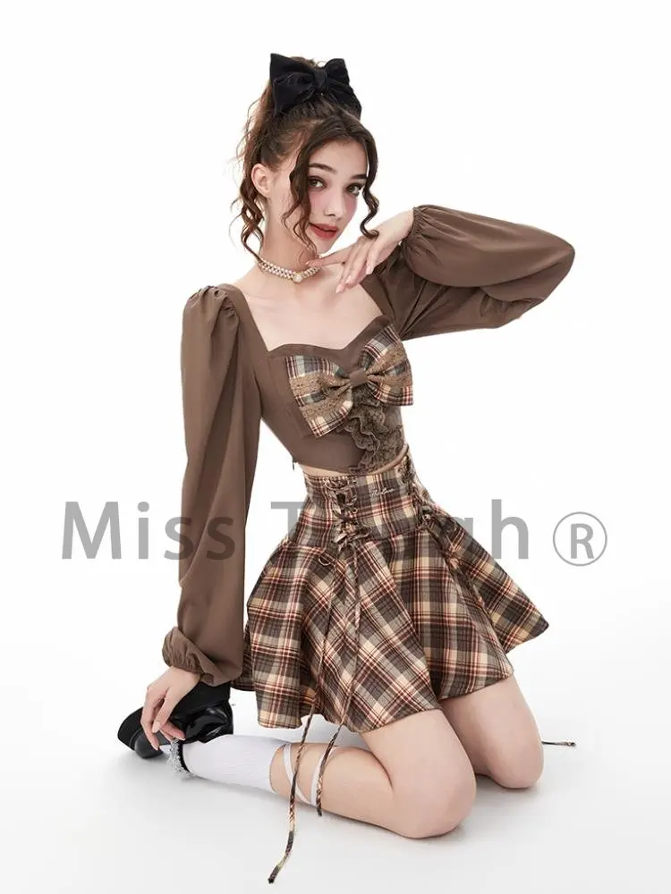 Korean Style Sweet Two Piece Set Women Bow Elegant Plaid Skirt Suit Autumn 2022 Long Sleeve Blouse + Japanese Party Mini Skirt