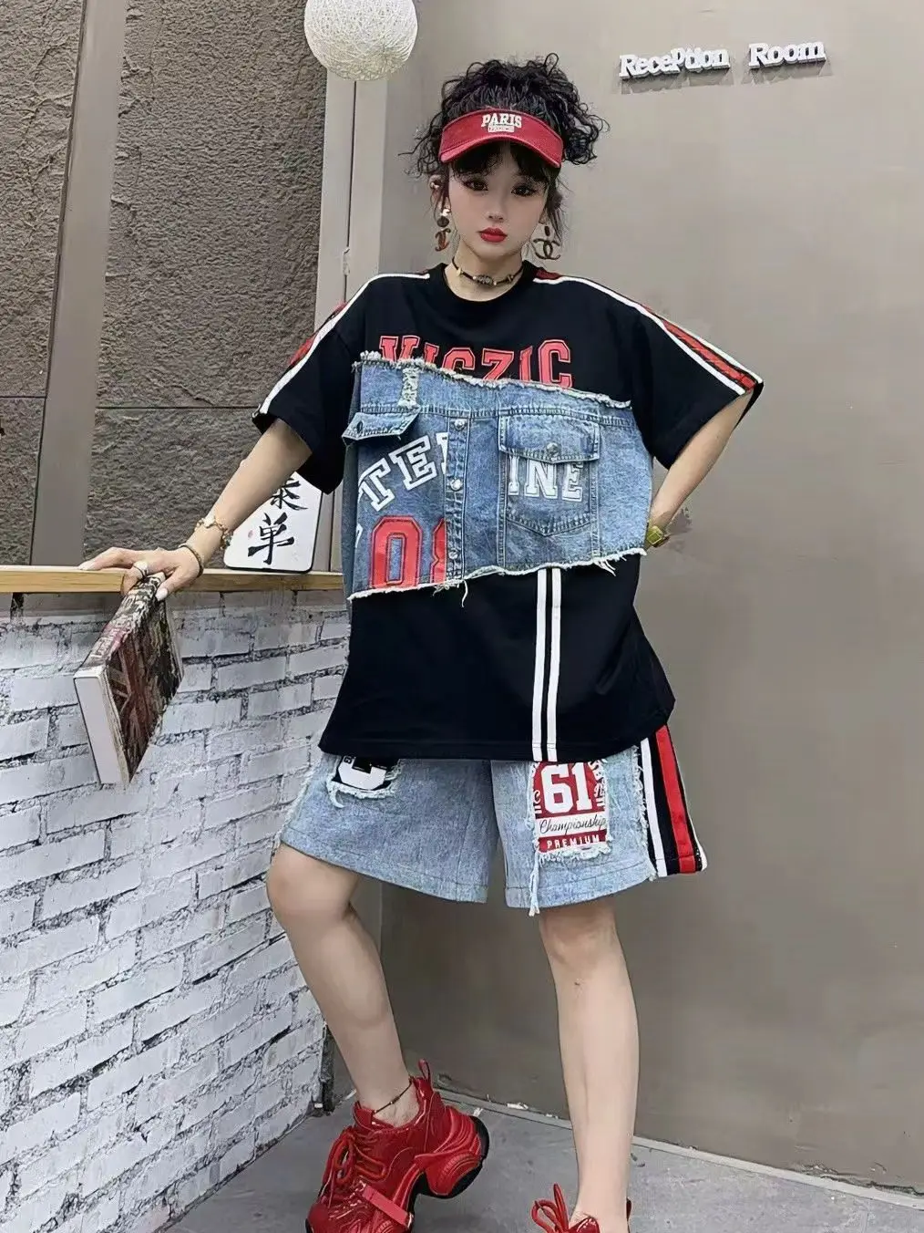 

Summer New Women's T-shirt Cleanfit Style Loose Short Sleeve Denim Patchwork Print Color Block Casual Streetwear Cotton Crew ...