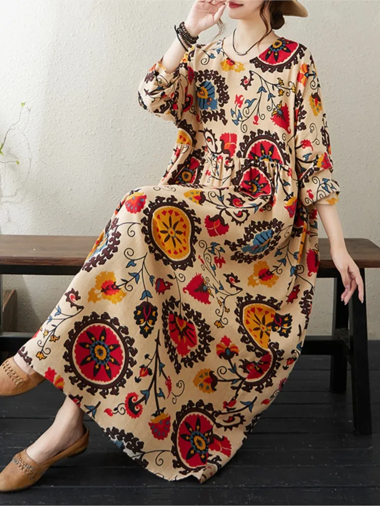 Oversized Autumn Long A-Line Dress Women Print Fashion Loose Ruffle Pleated Ladies Dresses Casual Long Sleeve Woman Dress