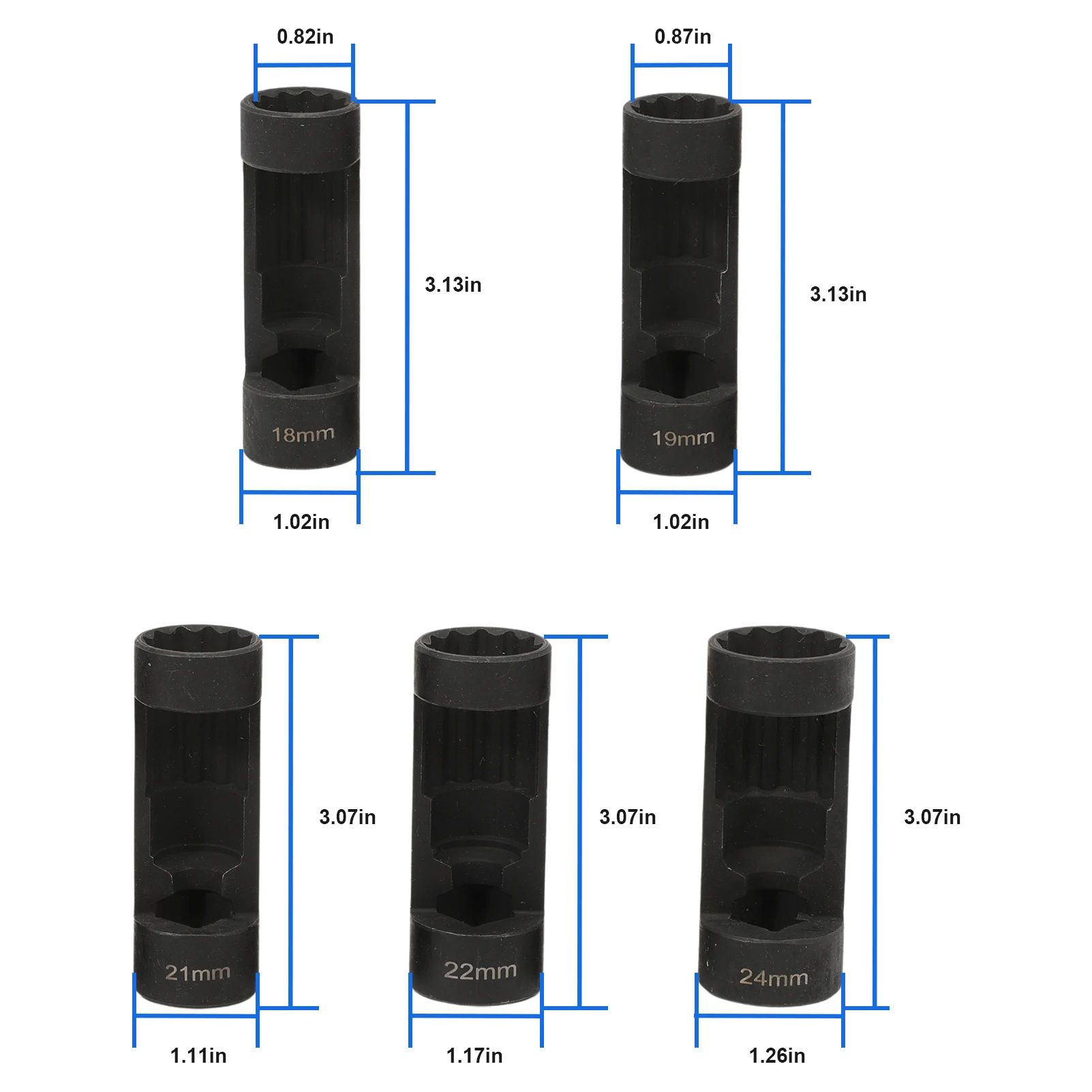 5pcs Nuts Socket Suspension Strut Socket Tool Shock Absorber Installation Tool, 12 Point 1/2 Drive, 18/19/21/22/24mm, 6496 3353