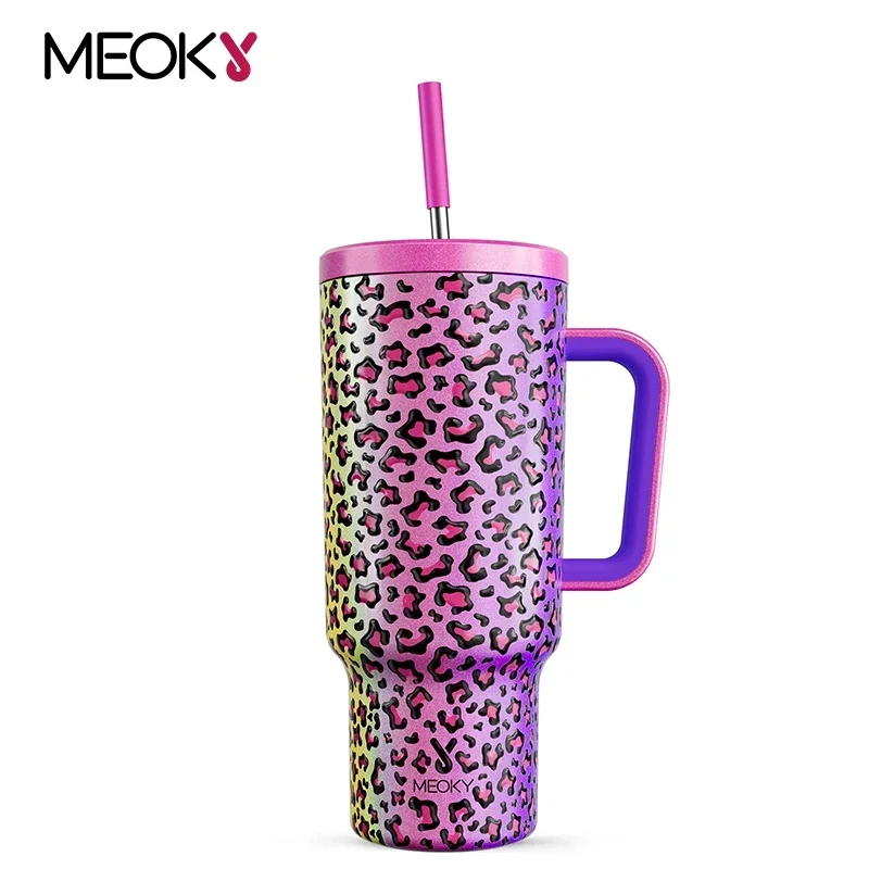 

Meoky 40oz Cup Tumbler with Handle Insulated Water Bottle Rainbow Leopard Stainless Steel Travel Mug Leak Proof Large Car Mug