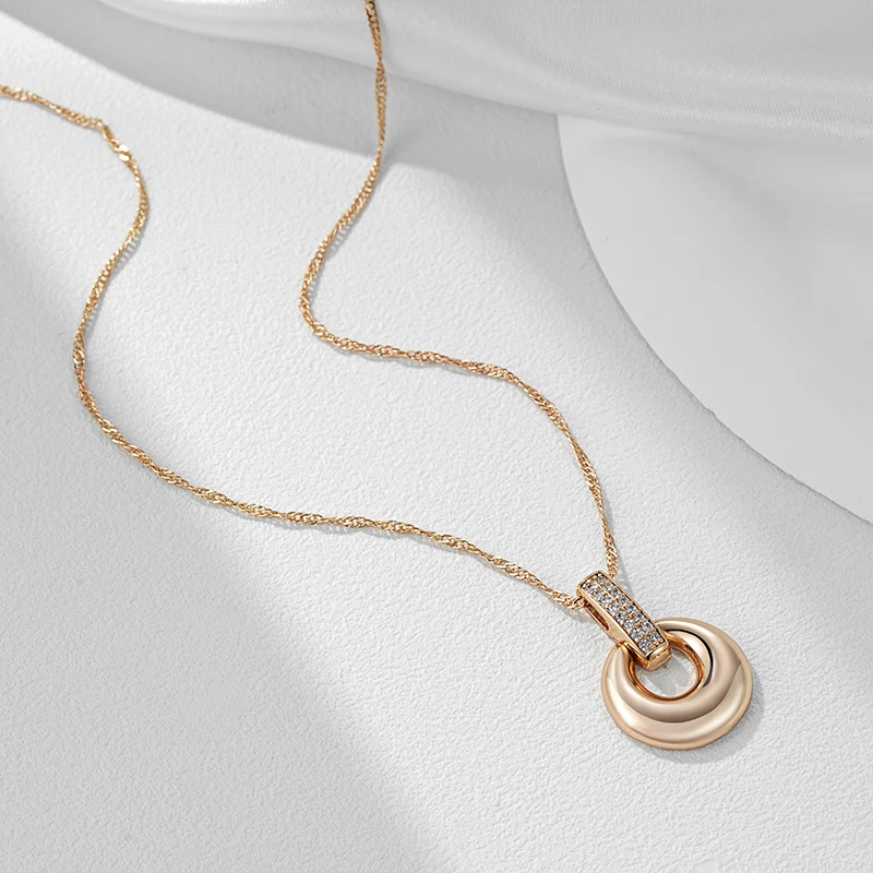 Kinel Fashion Glossy Geometry Round Pendant Necklace for Women Full Natural Zircon With 585 Rose Gold Color Daily Fine Jewelry