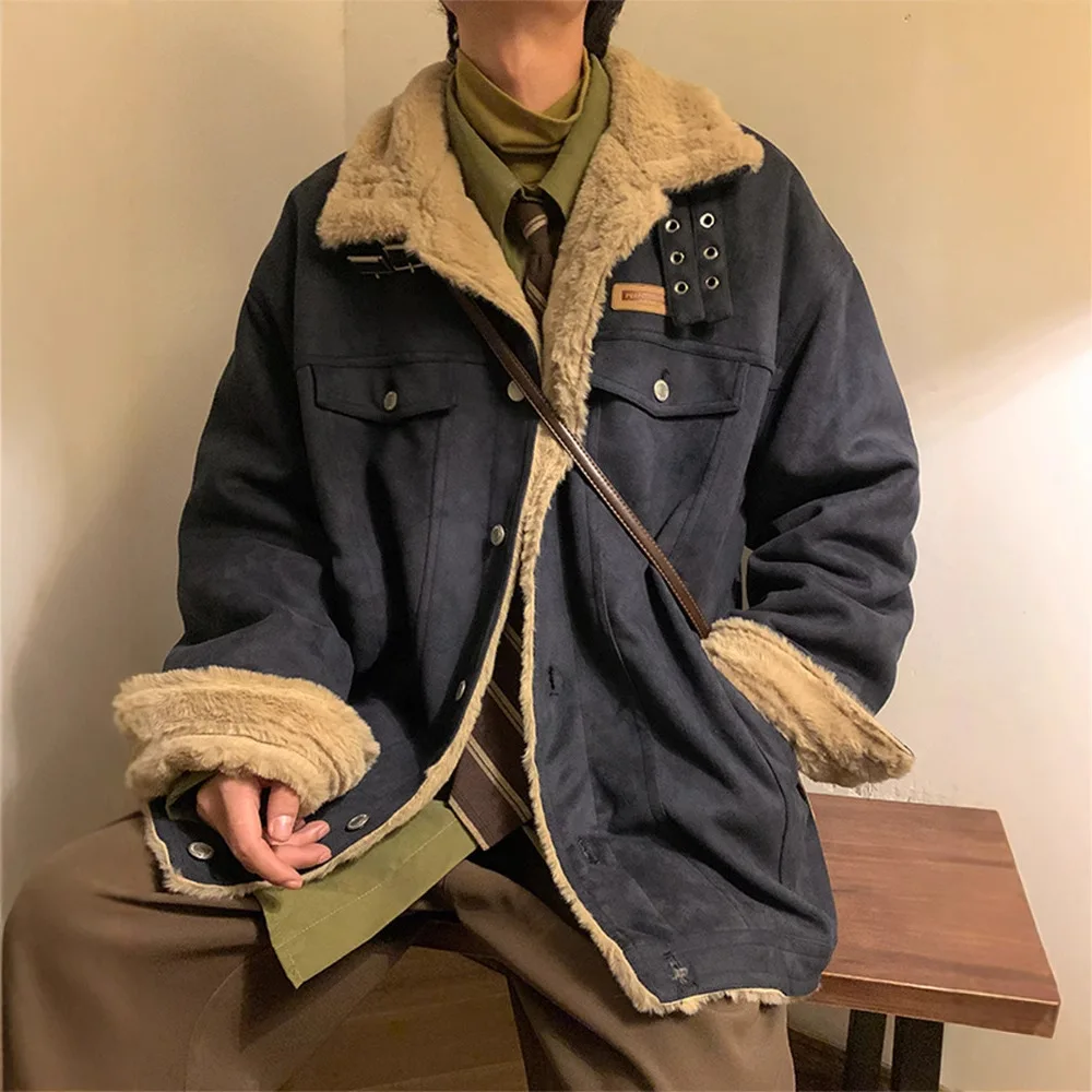 

Men Plush Jacket Autumn Winter New Thicken Fleece Long Sleeve Man Cargo Coat Turn Down Collar Single-breasted Male Outerwear