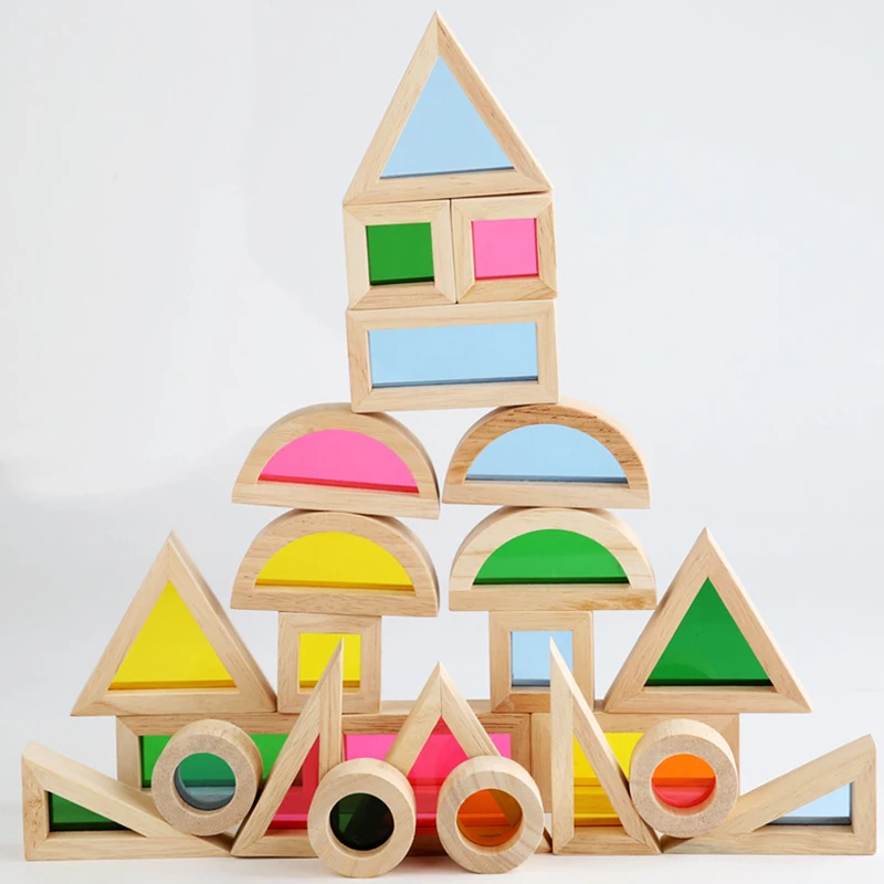 Rainbow Blocks Transparent Acrylic Stacking Toys Solid Rubber Wood Wooden Building Stacker Montessori Toys for Kids Children