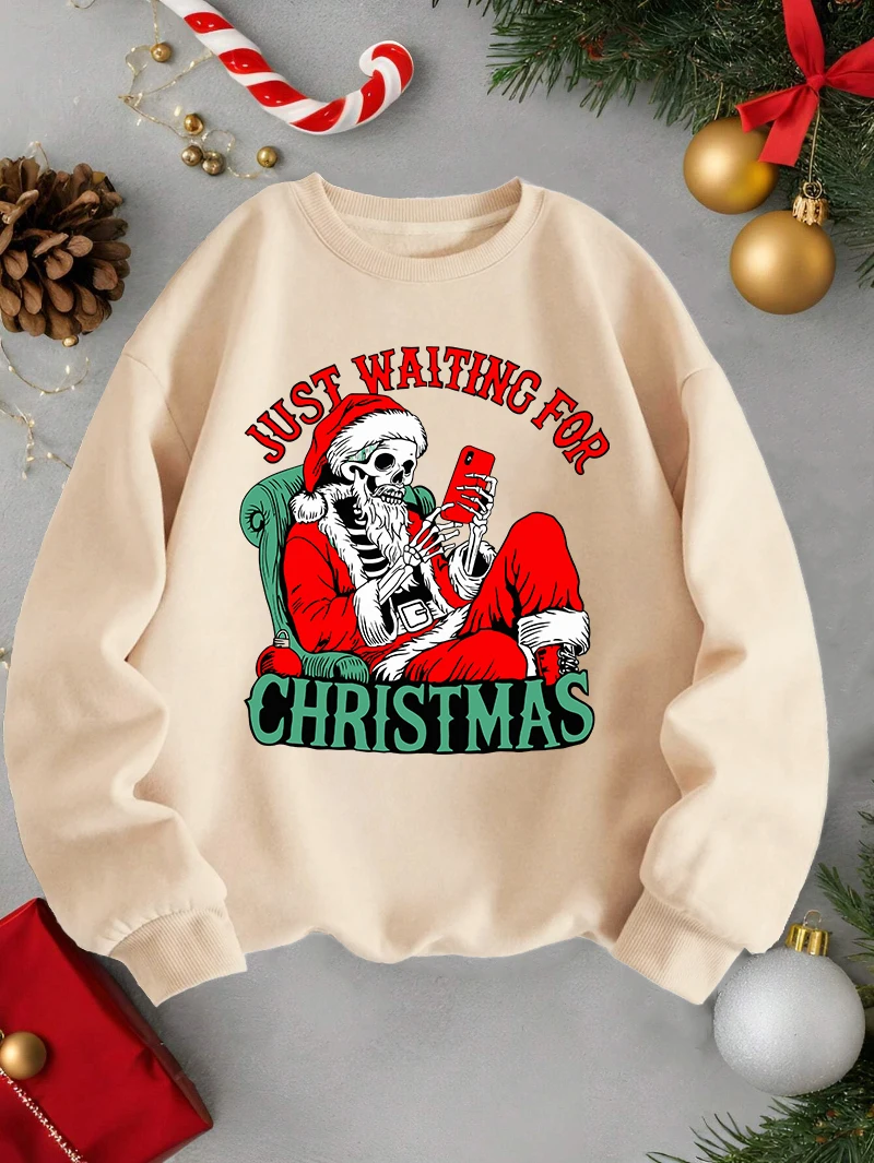 

Christmas Sweatshirt Women Skeleton Santa Prints Casual Hoodie Loose Crewneck Fleece Pullovers Winter Warm Tops Woman Clothes