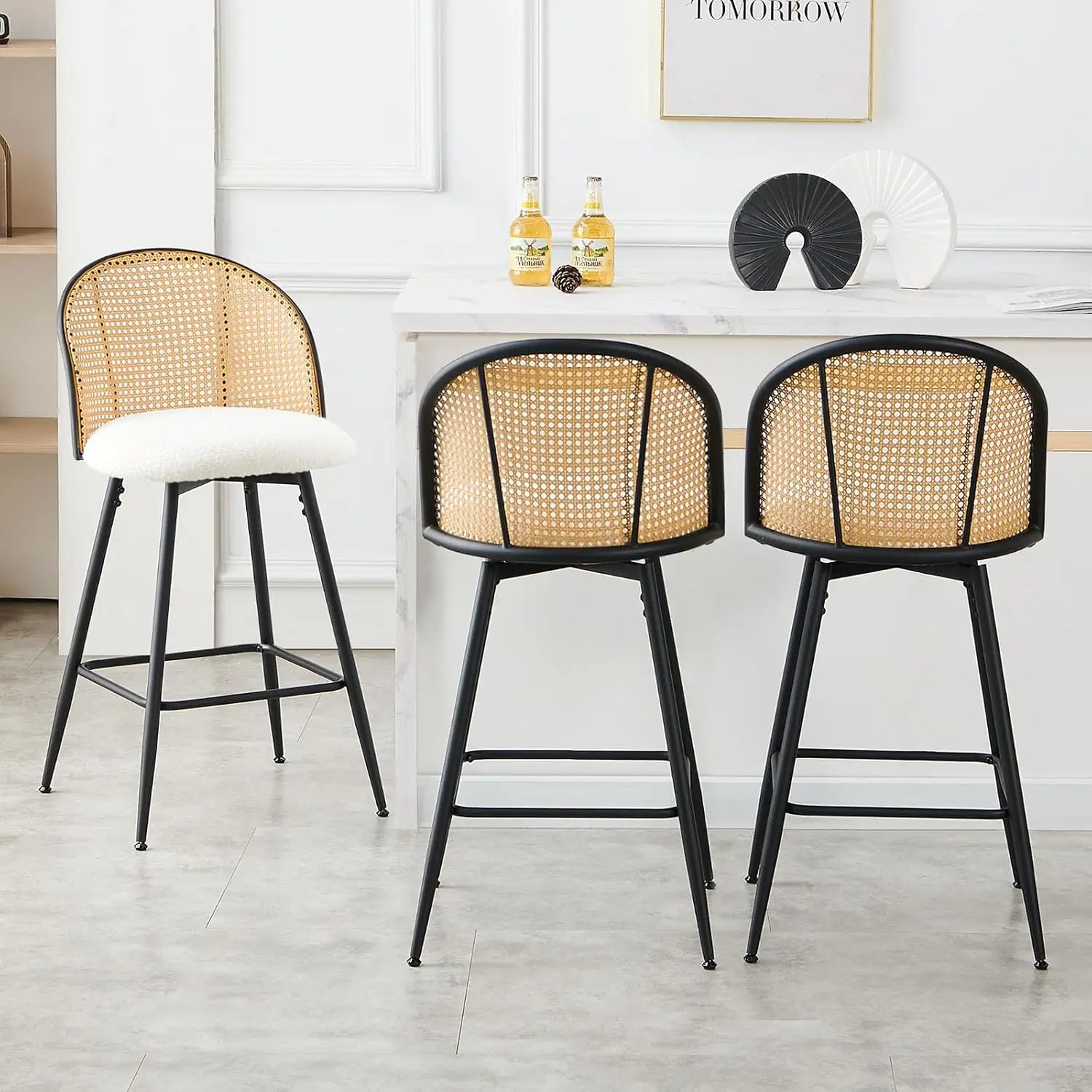 

Rattan Counter Height Bar Stools Set of 3, Swivel Upholstered Barstools with Cane Back and Metal Legs, 26" H Seat Height Bar Cha