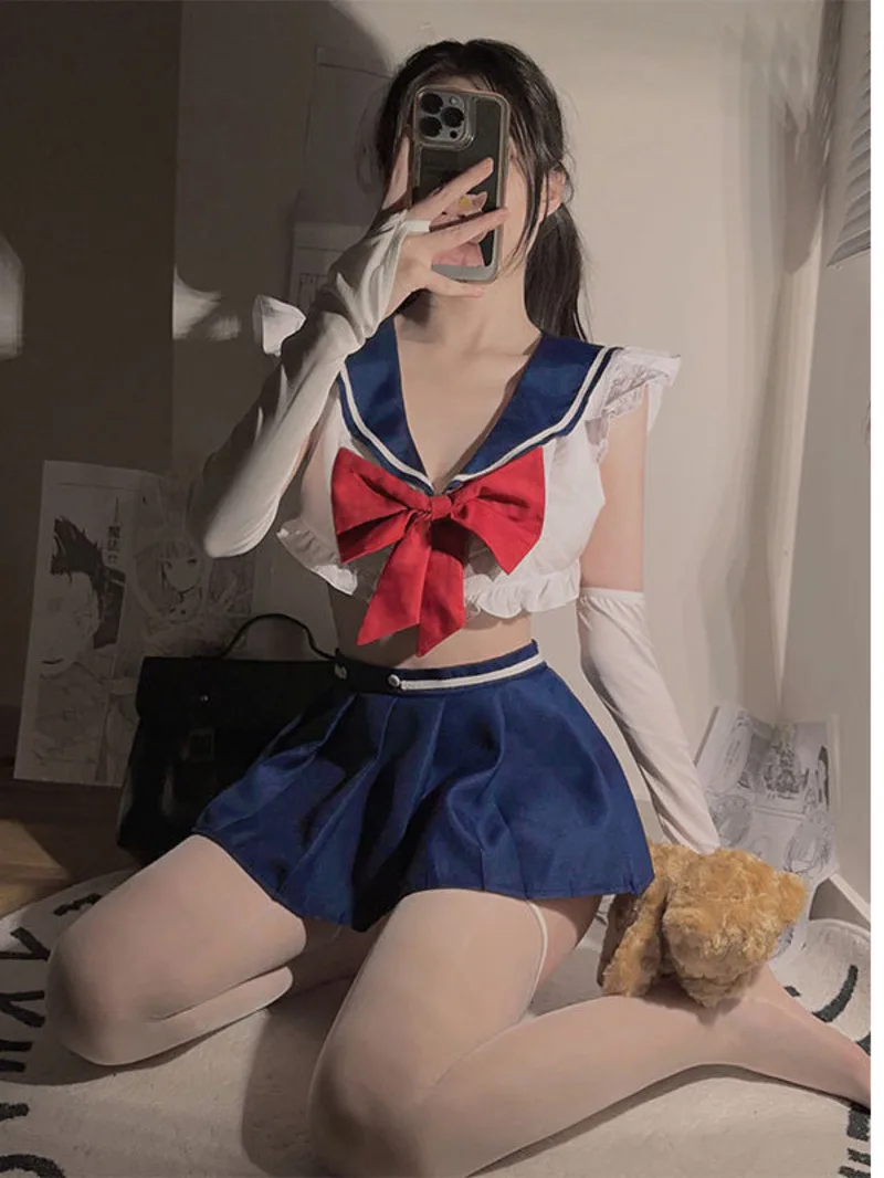 Cute And Sweet Navy Suit Underwear Campus Pure Desire Sets Bow V-neck Short Top Hip Length Pleated Skirt Preppy Style 4ECJ