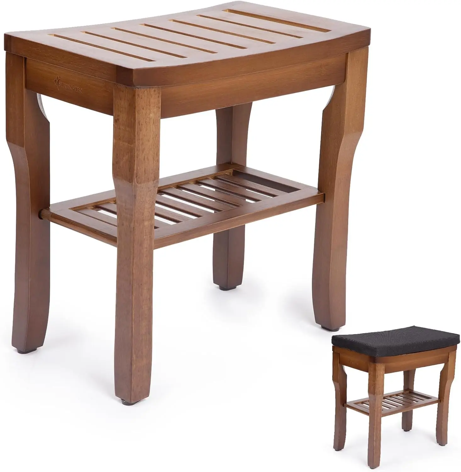 

Bamboo Shower Bench with Cushion & Storage Shelf, Quick-Drain, Non-Slip Design, 350 lbs Capacity for Bathroom or Spa