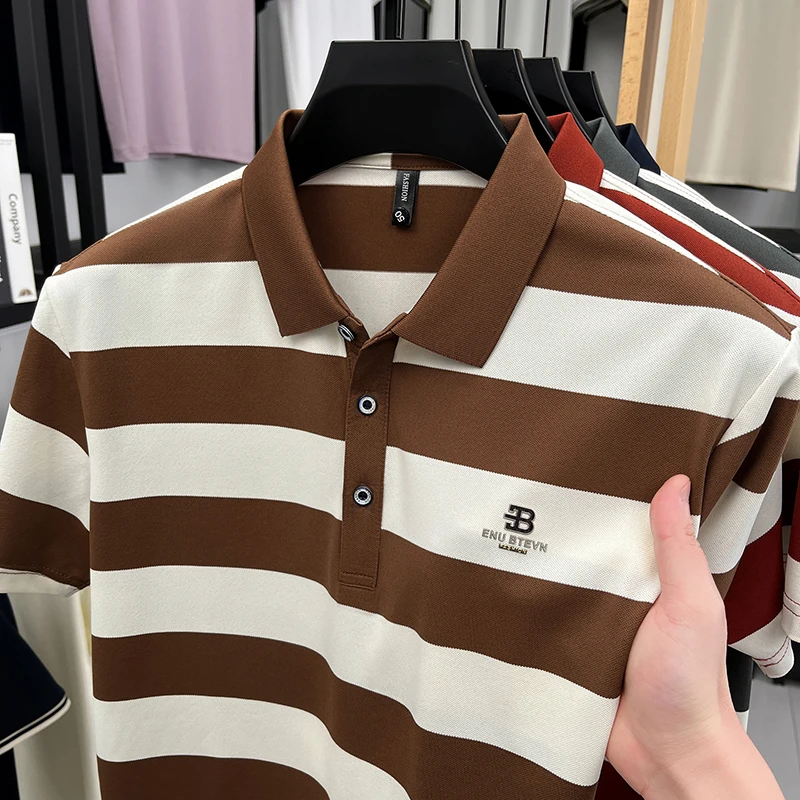 Men's Golf Polo Shirt with Collar, Short Sleeves and Wide Stripes – Breathable Summer Casual Business T-shirt