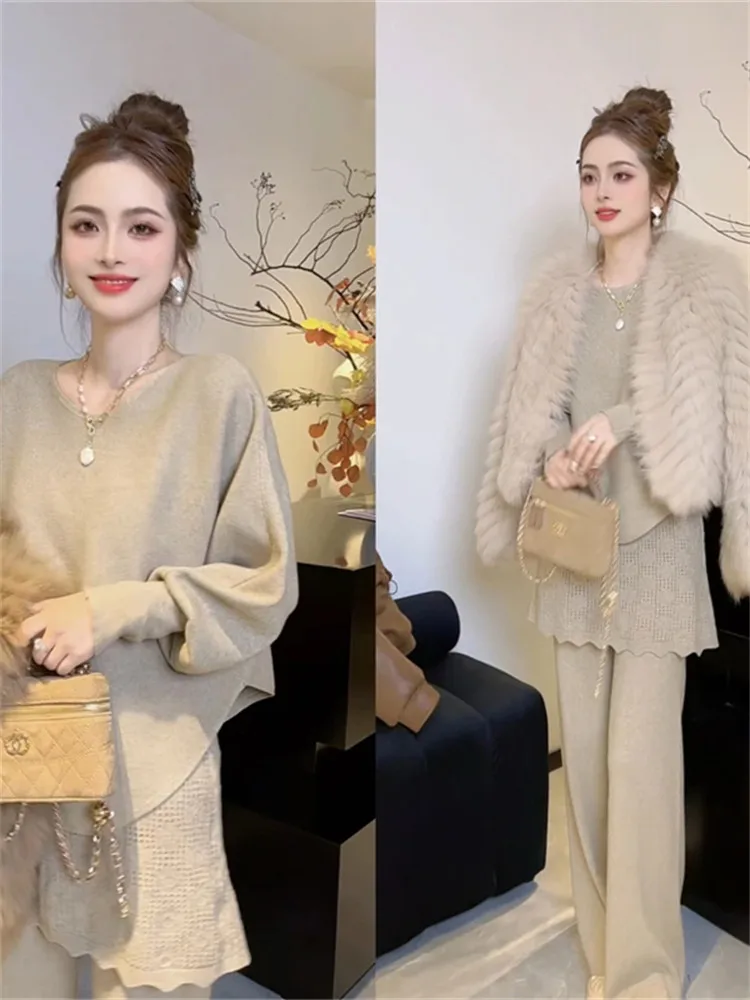 

Korean Sle Light Maturi Faion Set Women's Long Sve Knitted Sweater High Waist Loose Wide Leg Pants Spring New Arrival