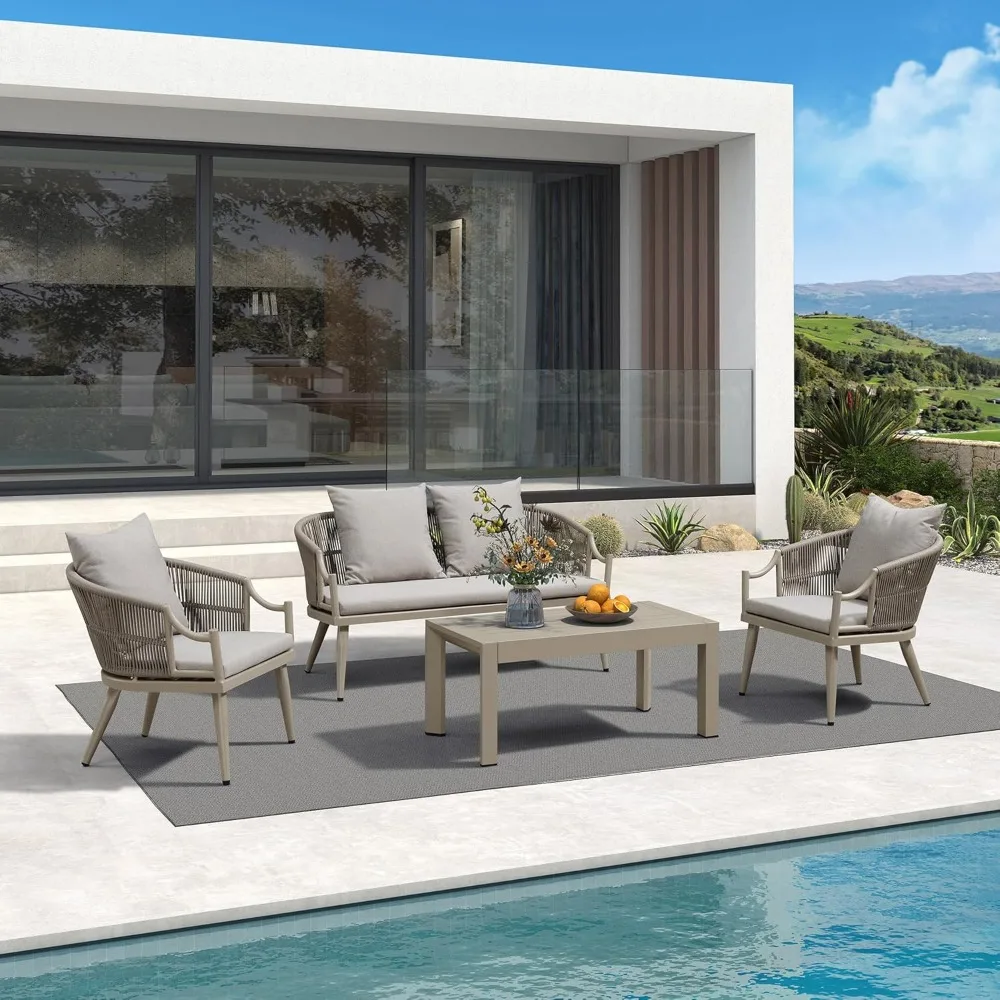 

4 Pieces Patio Furniture Set Modern Aluminum Outdoor Sofa Set with High-Density Cushions and Coffee Table Patio Conversation Se