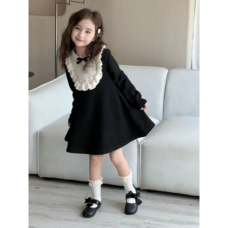 

Girls' Knitted Dress Autumn Winter New French Hepburn Style Woolen Dress Children's Stylish Heavy Craft Base Dress
