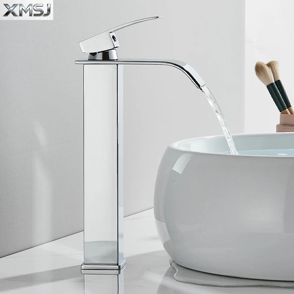 

Chrome Bathroom Basin Faucet Waterfall Faucet Single Handle Wide Spout High Style Hot Cold Water Tap for Bathroom